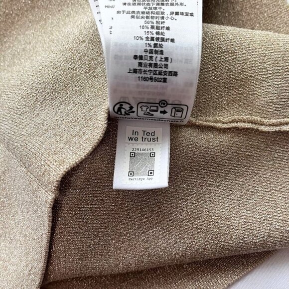 NWT TED BAKER CIILIAH GOLD METALLIC V-NECK LONG TEE RIBBED STRETCH KNIT TOP - S - Picture 14 of 14